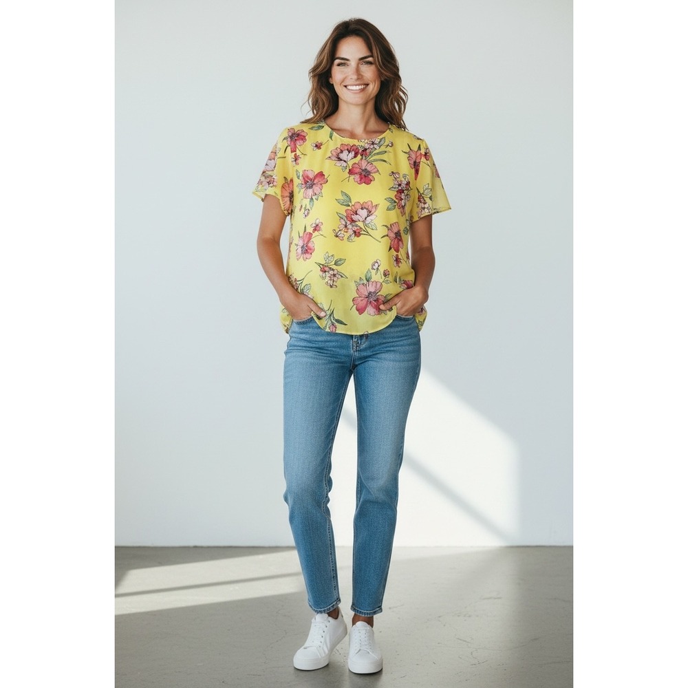 Lily White Womens XL Yellow Pink Floral Short Sleeve Keyhole Blouse MT5414C721WL
